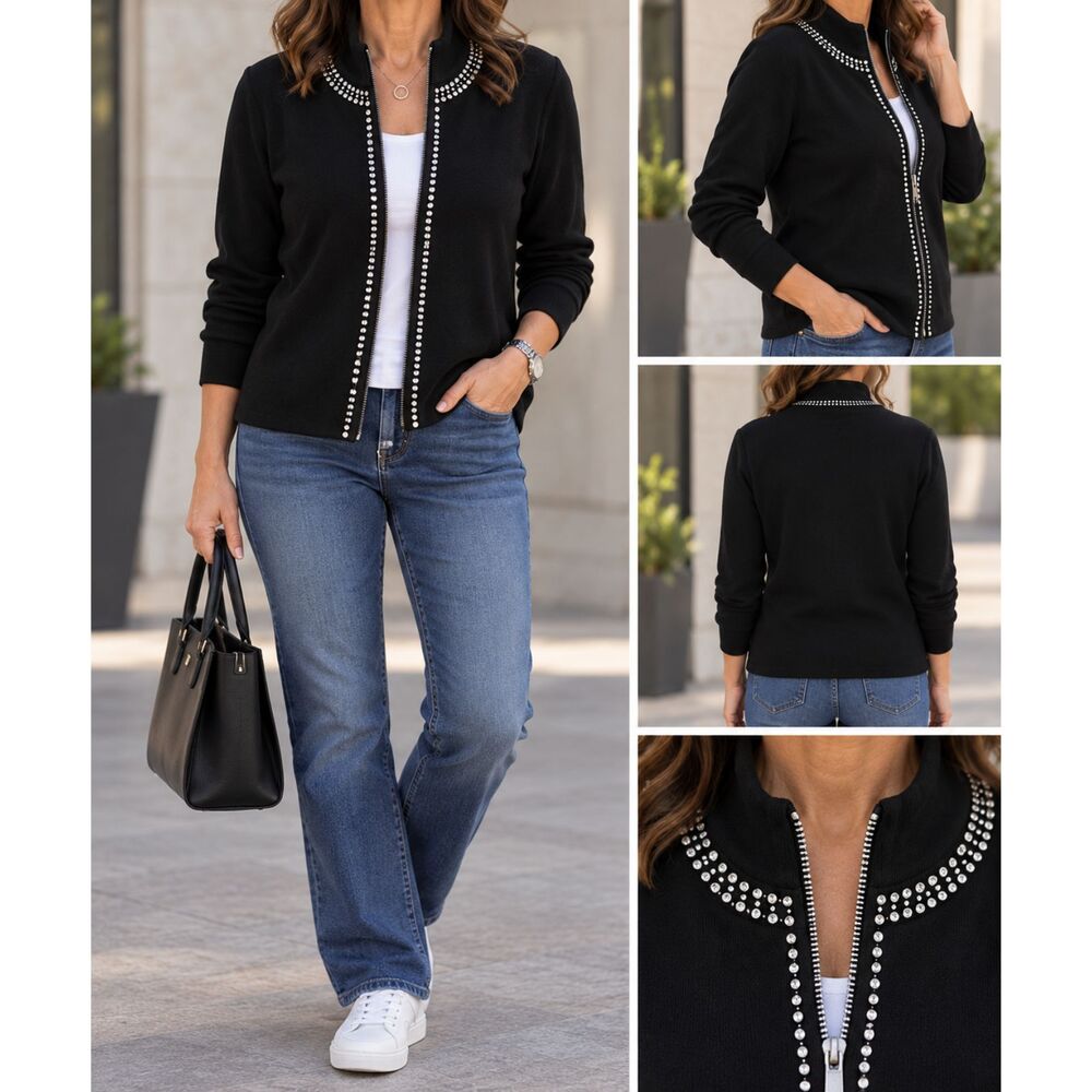 NWT Vila Milano Black Rhinestone Cardigan Sweater Jacket Zip Up Womens XL
